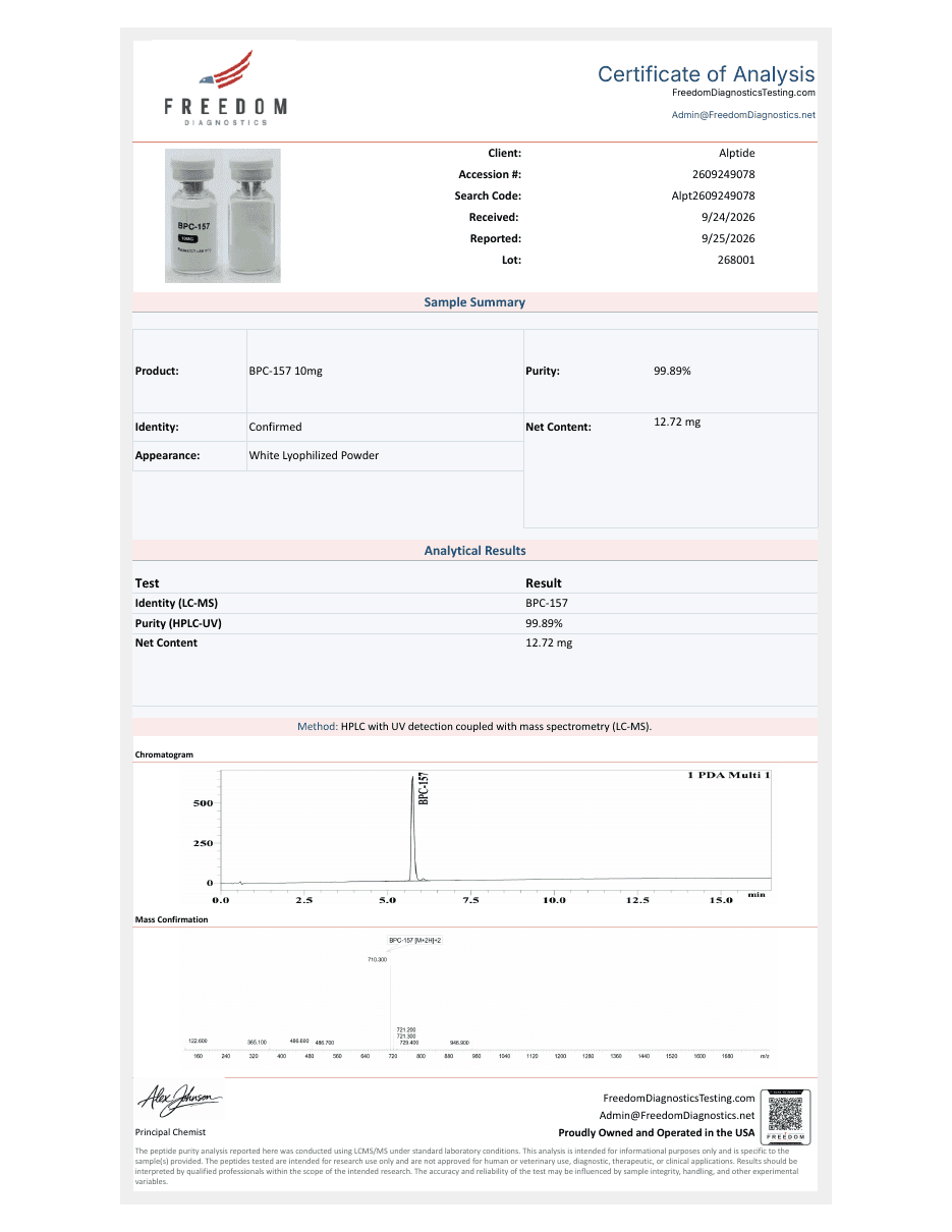 Certificate of analysis — BPC-157, lot 268001, Freedom Diagnostics