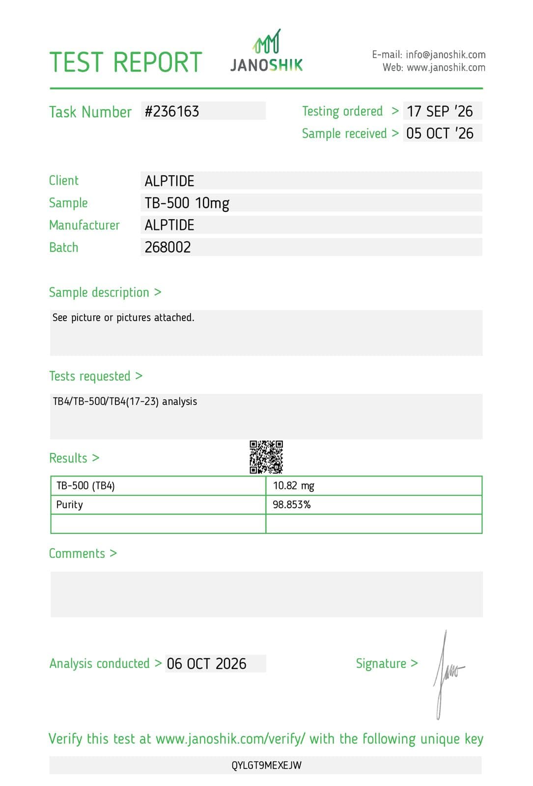 Certificate of analysis — TB-500, lot 268002, Janoshik Analytical