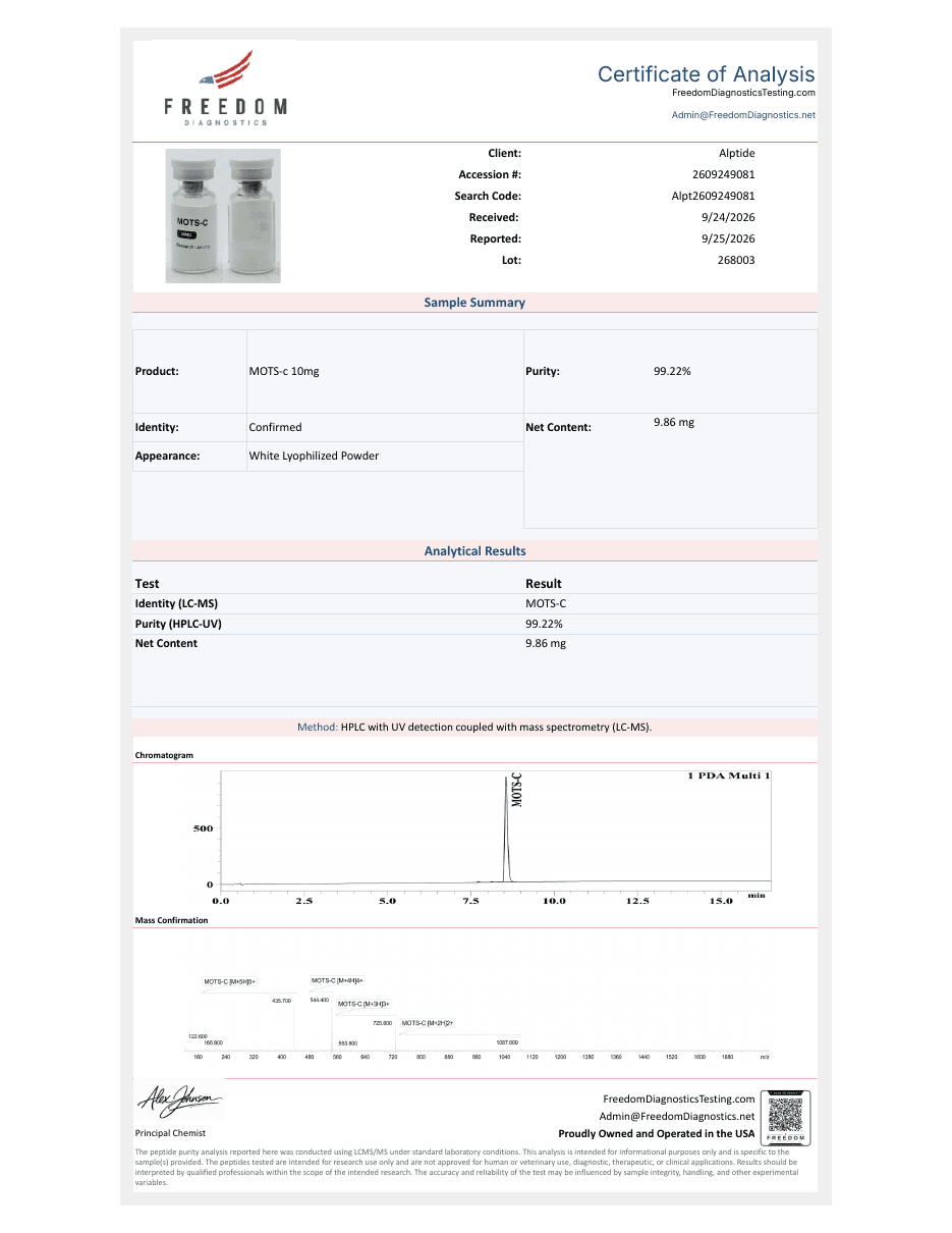 Certificate of analysis — MOTS-c, lot 268003, Freedom Diagnostics