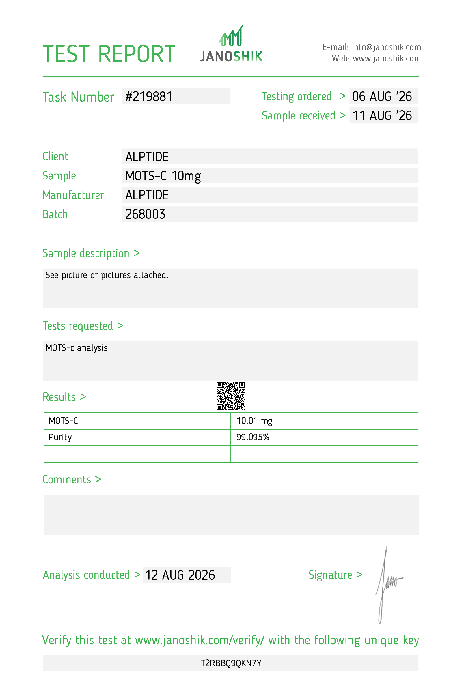 Certificate of analysis — MOTS-c, lot 268003, Janoshik Analytical