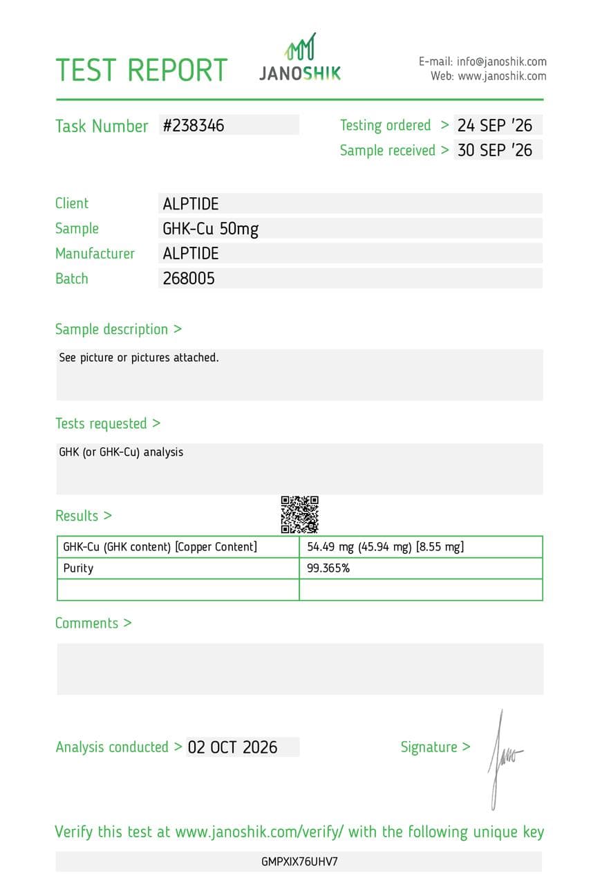 Certificate of analysis — GHK-Cu, lot 268005, Janoshik Analytical