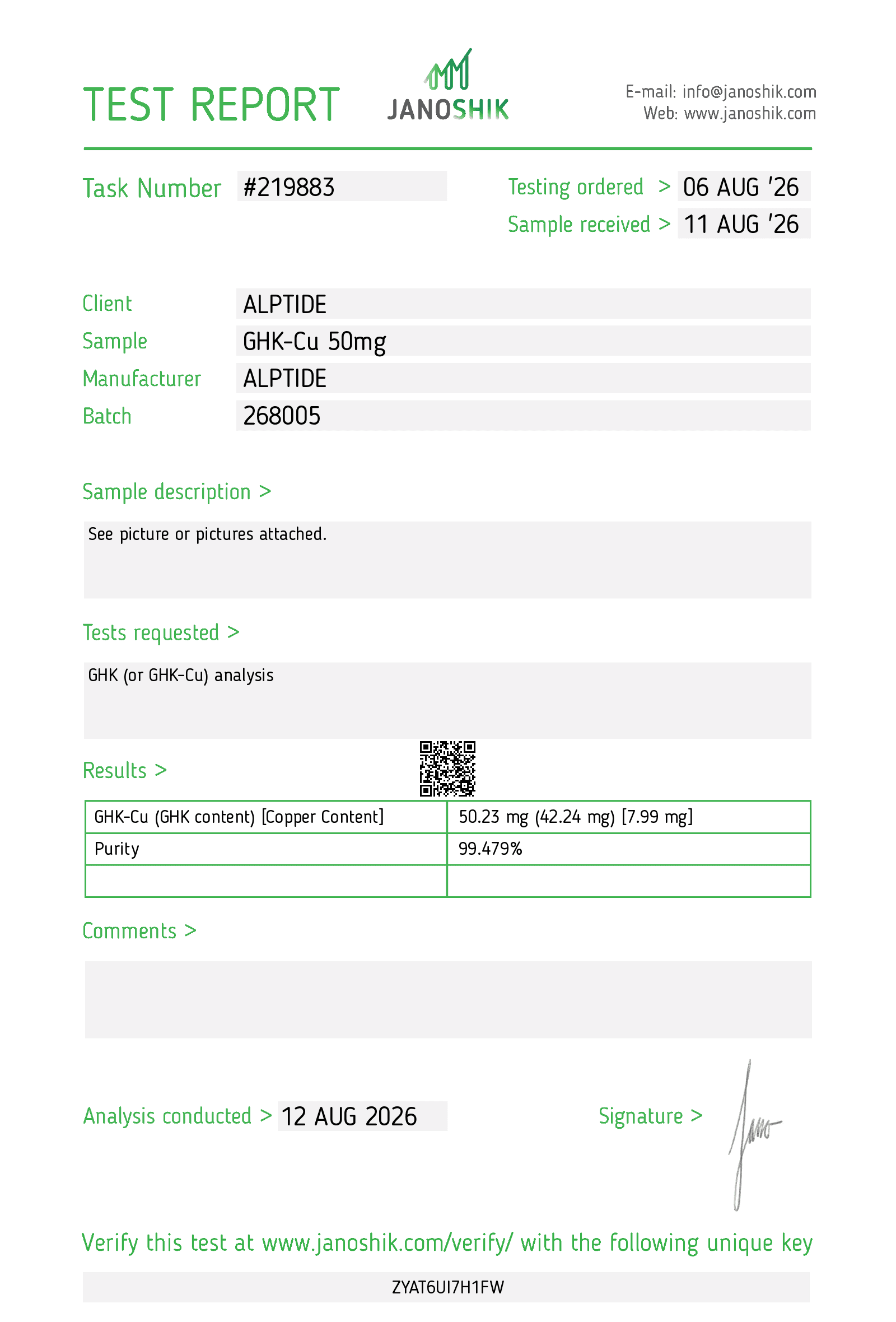 Certificate of analysis — GHK-Cu, lot 268005, Janoshik Analytical