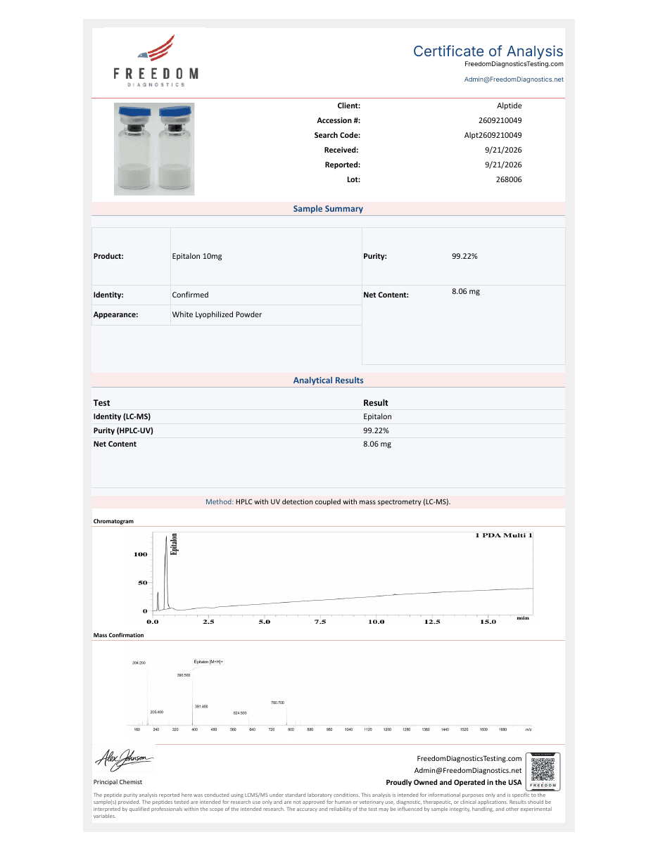 Certificate of analysis — Epitalon, lot 268006, Freedom Diagnostics