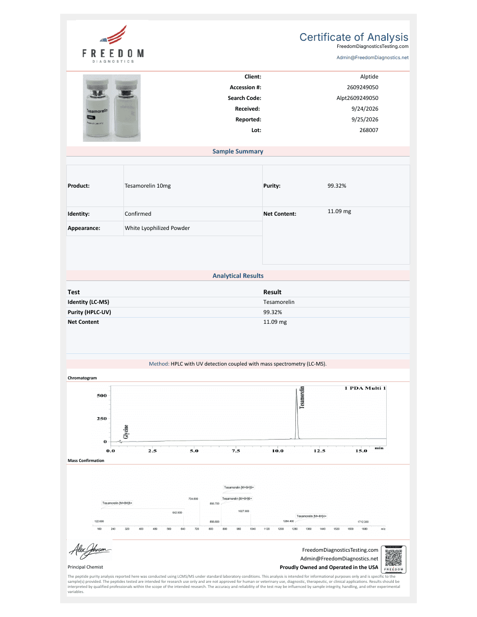 Certificate of analysis — Tesamorelin, lot 268007, Freedom Diagnostics