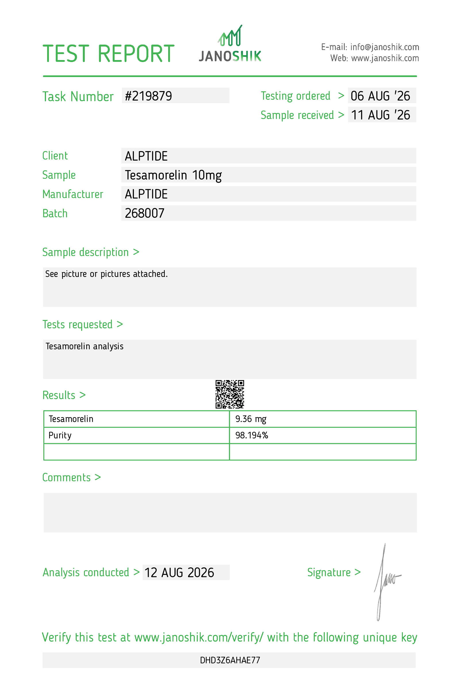 Certificate of analysis — Tesamorelin, lot 268007, Janoshik Analytical