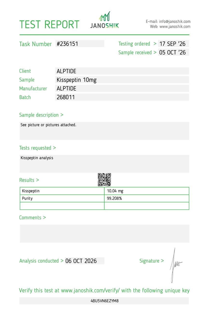 Certificate of analysis — Kisspeptin-10, lot 268011, Janoshik Analytical
