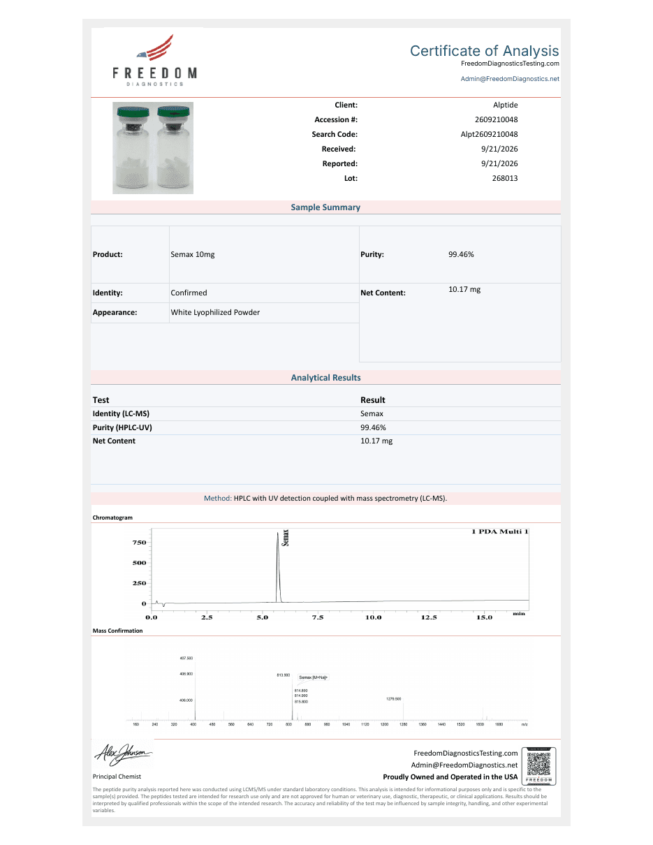 Certificate of analysis — Semax, lot 268013, Freedom Diagnostics