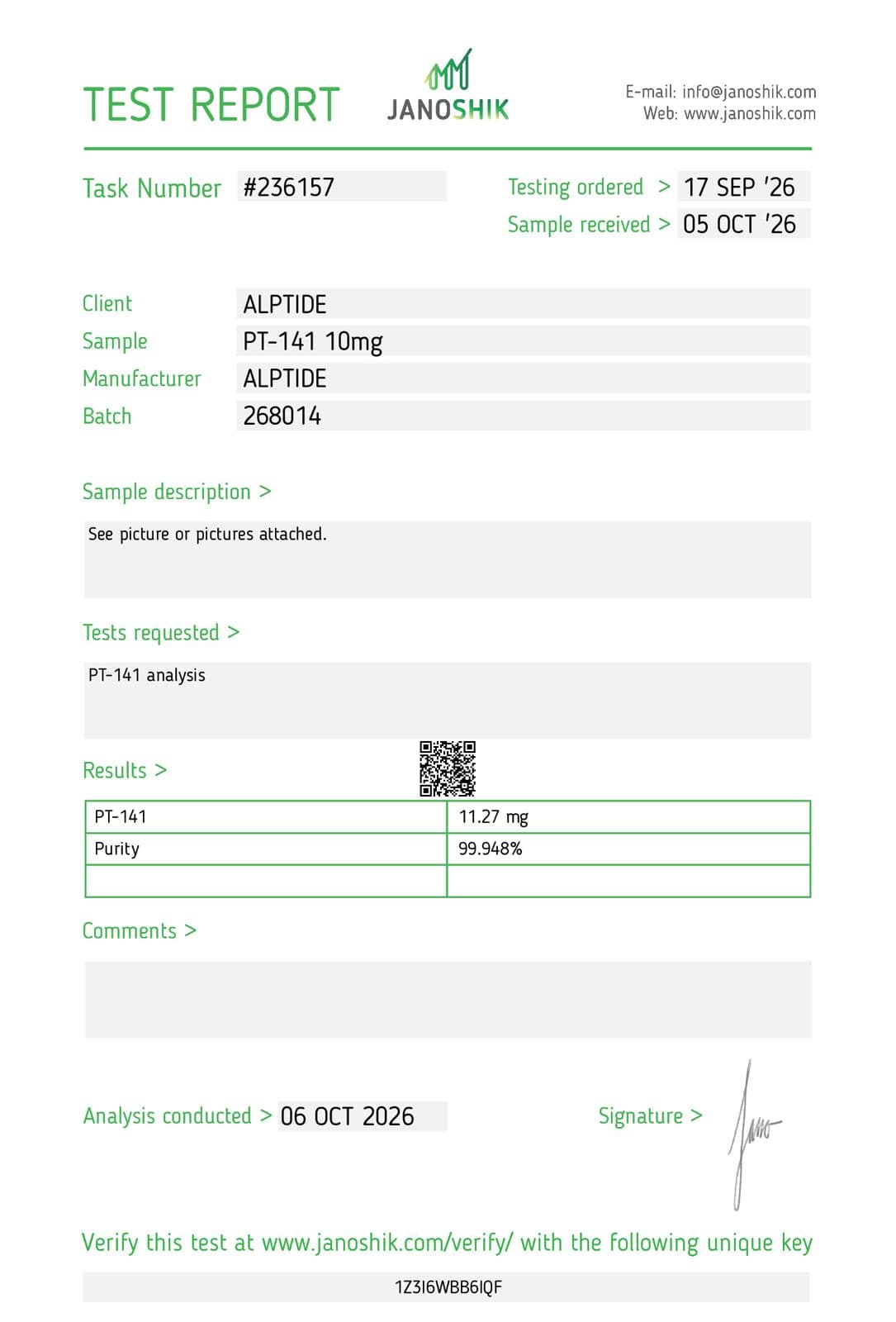 Certificate of analysis — PT-141, lot 268014, Janoshik Analytical