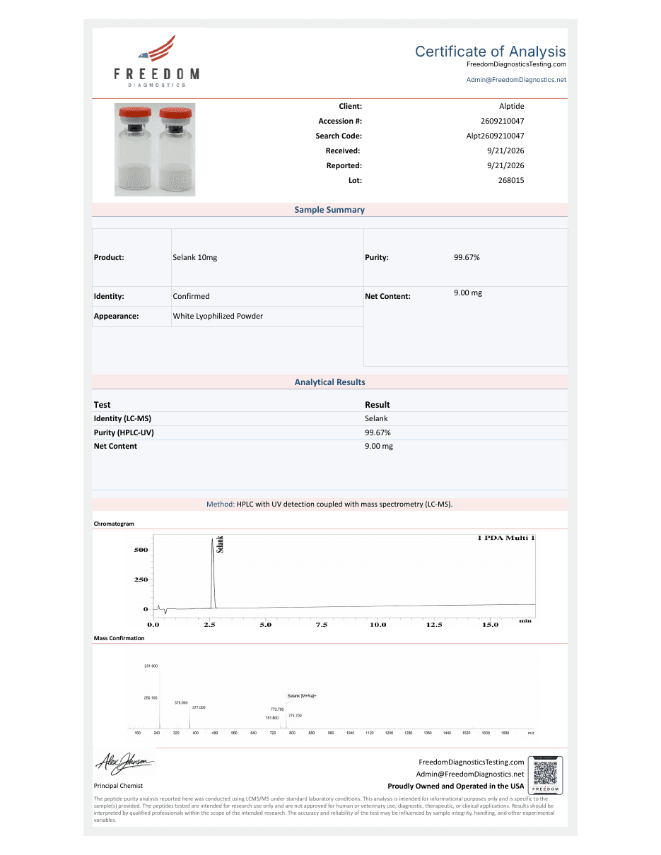 Certificate of analysis — Selank, lot 268015, Freedom Diagnostics