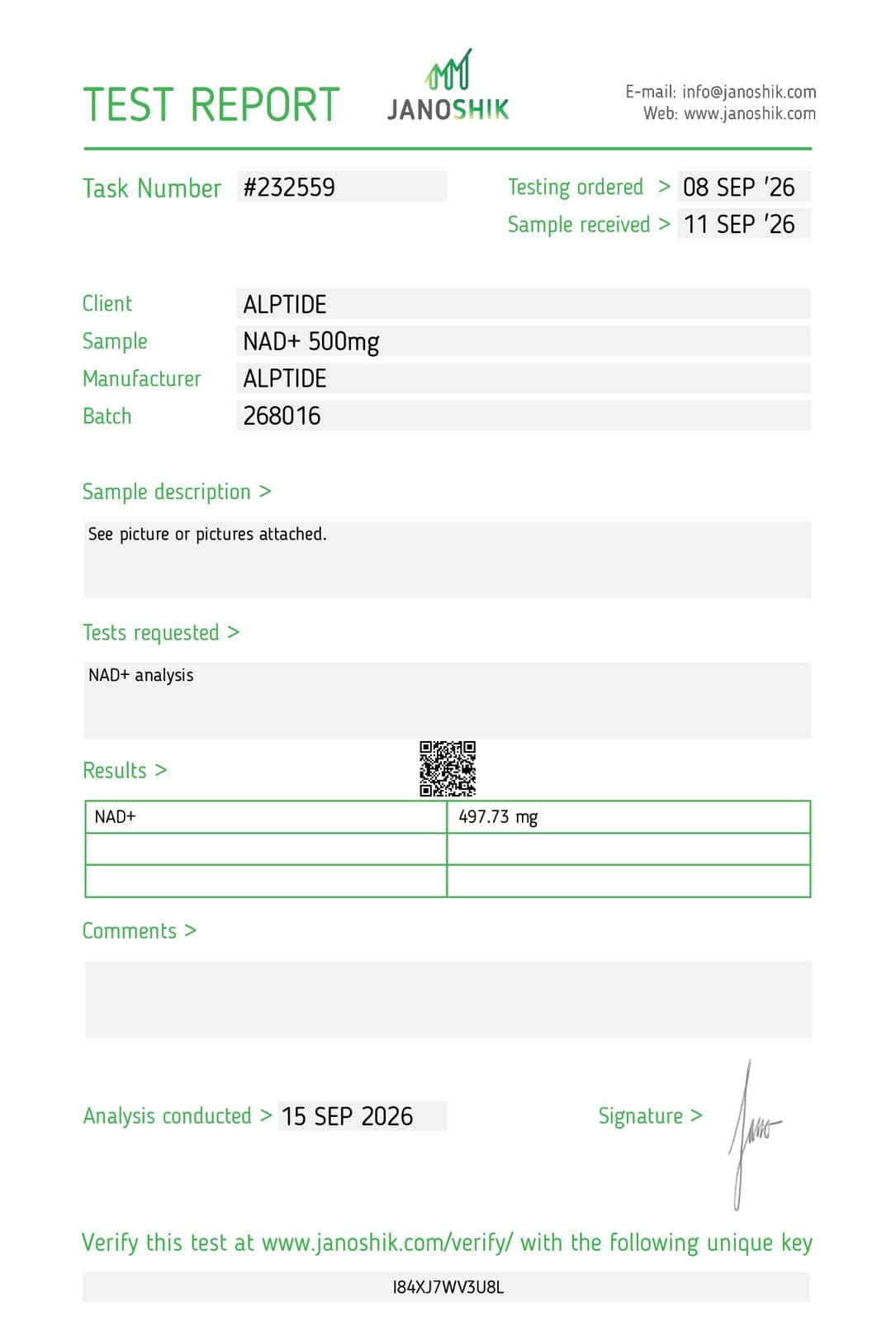 Certificate of analysis — NAD+, lot 268016, Janoshik Analytical