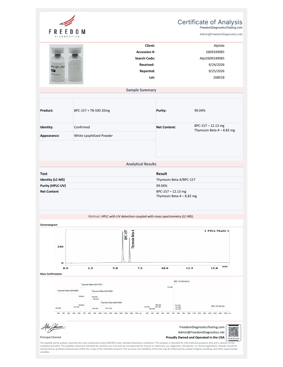 Certificate of analysis — BPC-157 + TB-500, lot 268018, Freedom Diagnostics
