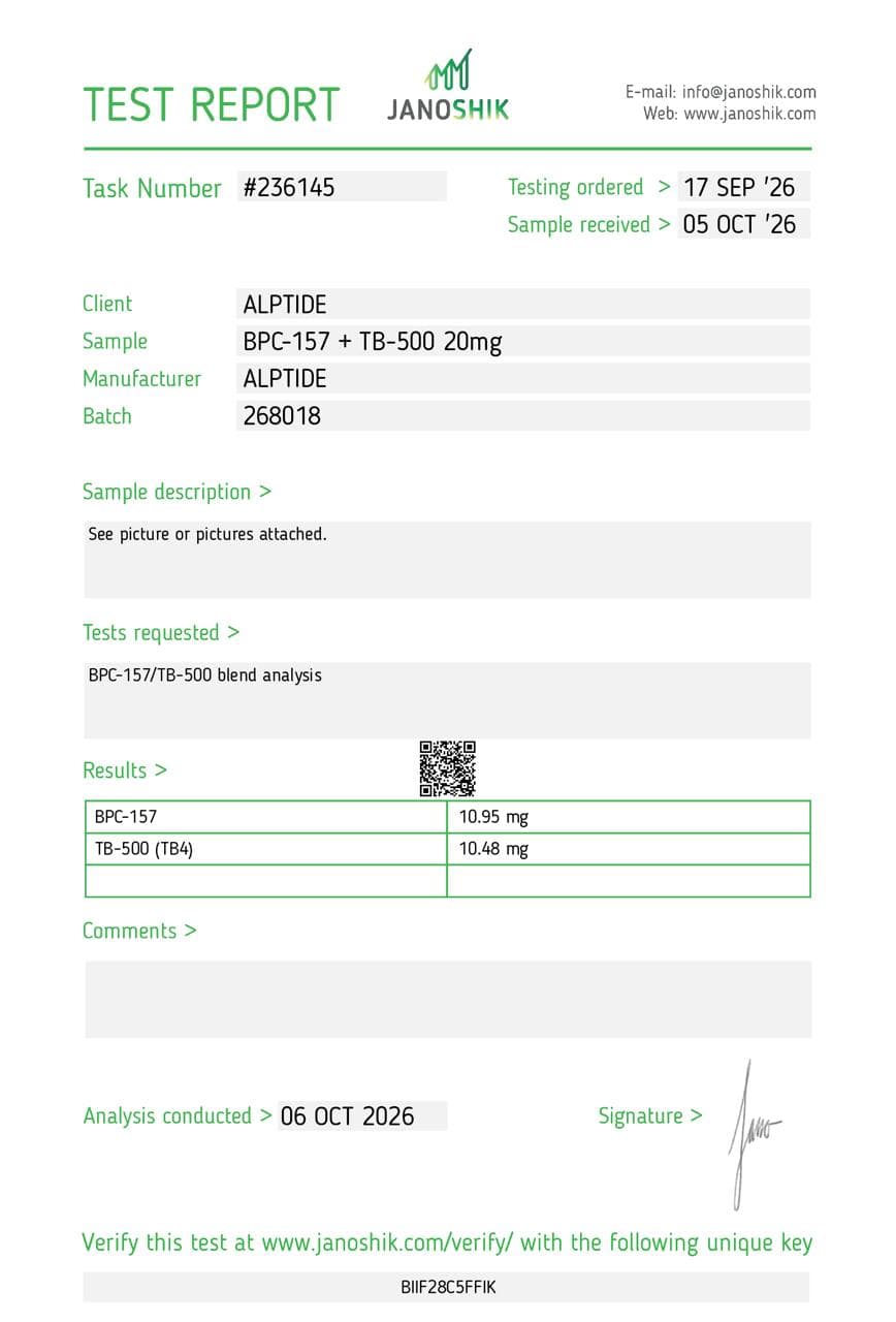 Certificate of analysis — BPC-157 + TB-500, lot 268018, Janoshik Analytical