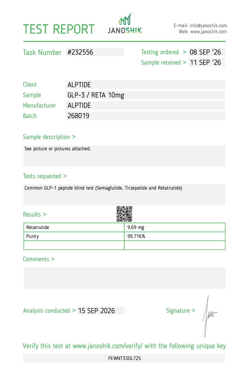 Certificate of analysis — GLP-3 (RT), lot 268019, Janoshik Analytical
