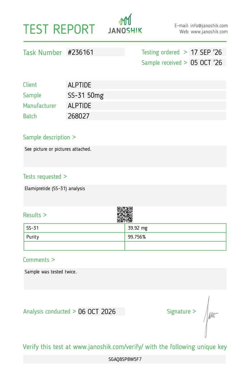 Certificate of analysis — SS-31 (Elamipretide), lot 268027, Janoshik Analytical