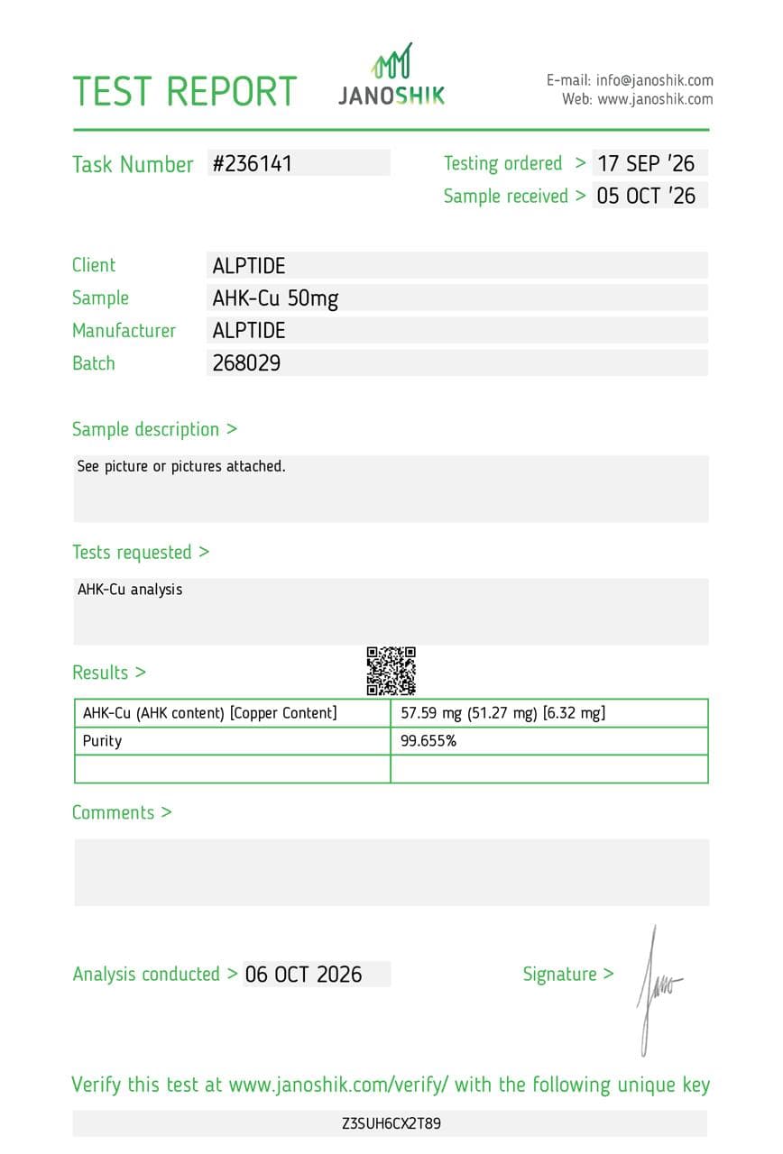 Certificate of analysis — AHK-Cu, lot 268029, Janoshik Analytical