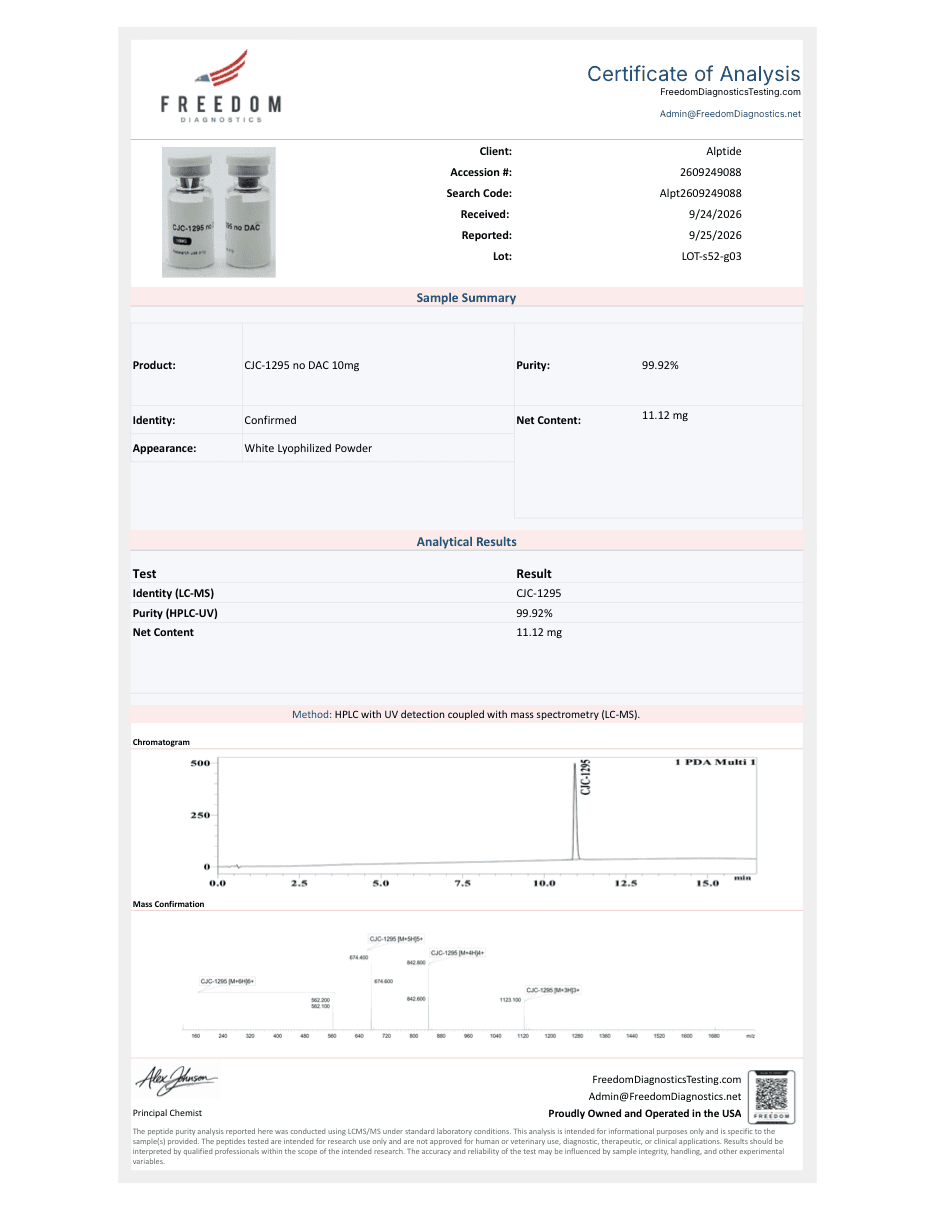 Certificate of analysis — CJC-1295 (No DAC), lot LOT-s52-g03, Freedom Diagnostics